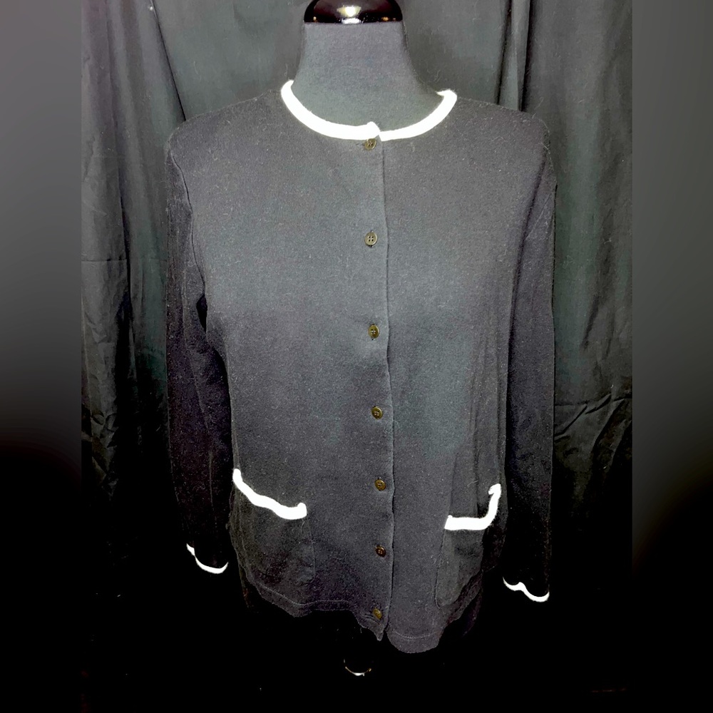 Jones New York Black Cardigan with White Piping